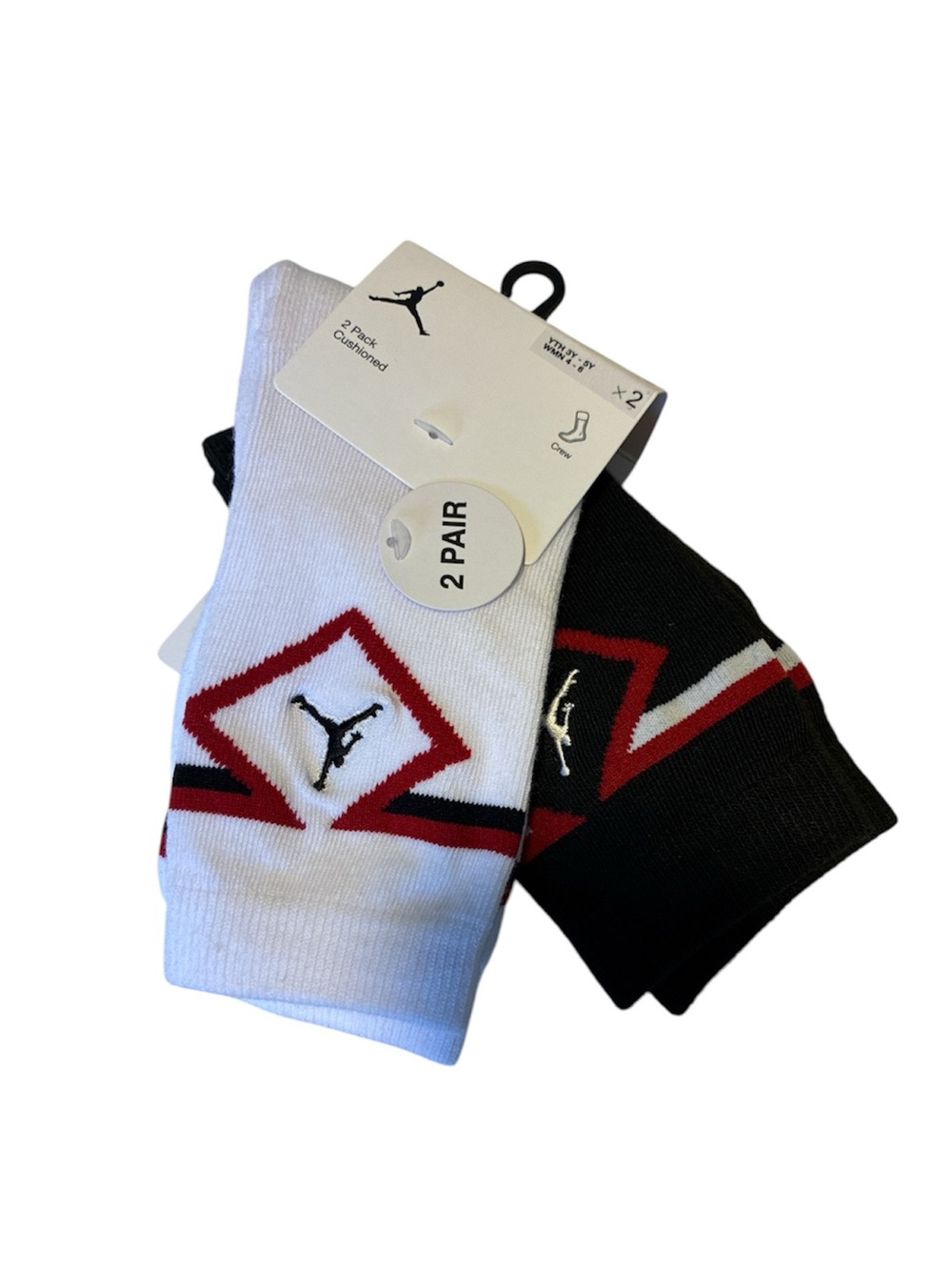 Jordan kids 2-Pack Crew Socks in White and Black with Red Accents 7-9 yr old new